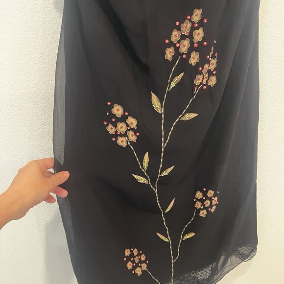 Vtg Y2K Floral Deep V Neck Womens Dress 100% Silk Empire Style Beaded Size 14 - Picture 2 of 8